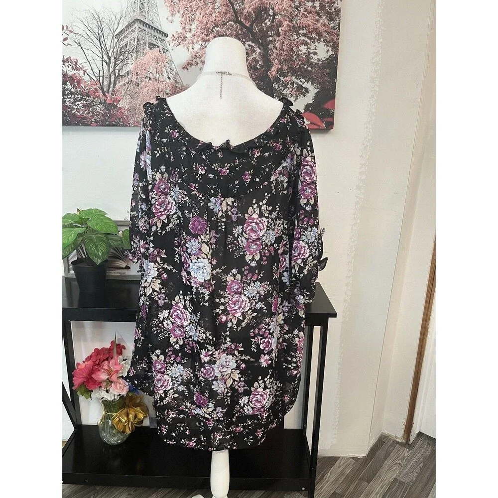 Woman Within Blouse 1X Floral Peasant Top Ruffle Neck Chiffon Boho Tunic sheer